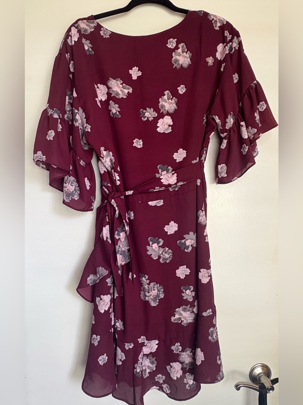 Lark & Ro Burgundy Floral Midi Wrap Dress with Ruffle Sleeves